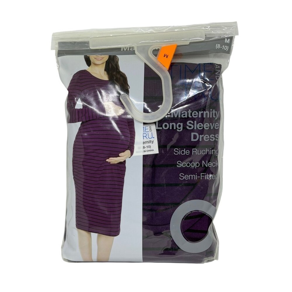 NEW Time and Tru Maternity Dress Medium 8-10 Purple‎ Black Stripe LS Semi-Fitted